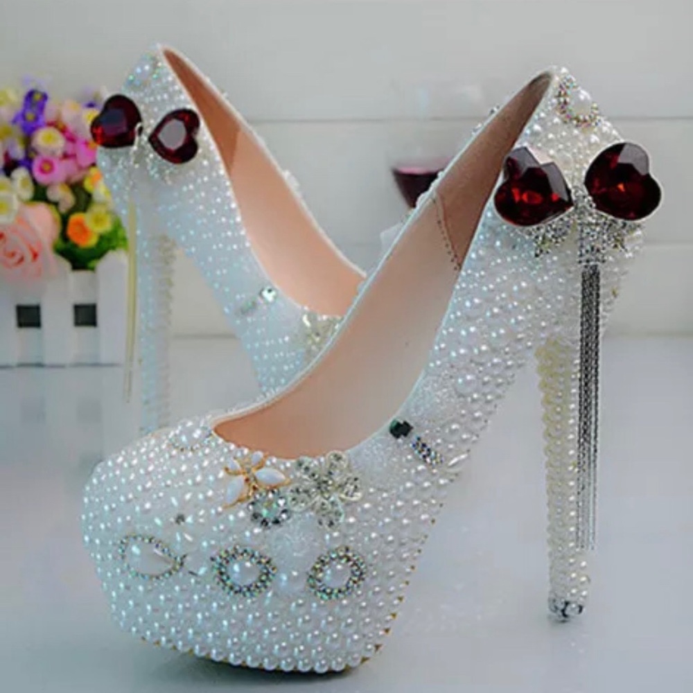 Perl White Red Diamond Heart Tassels Wedding heel.